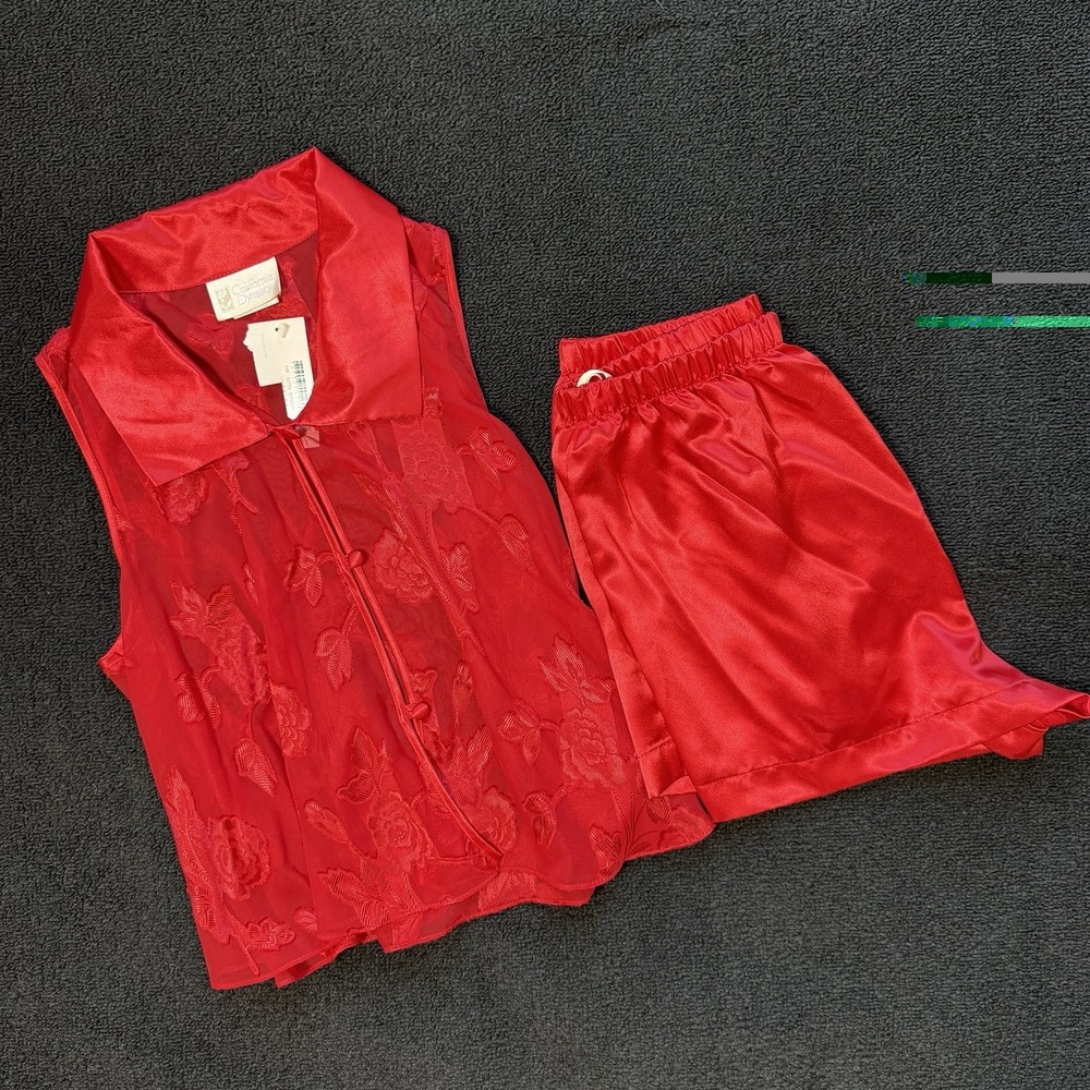 NEW Vtg California Dynasty Sheer Floral Red Pajama Set S Lingerie Lace Sleepwear